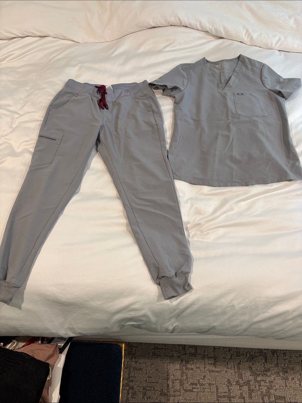 Figs Women's Scrub Set in Light Gray with Burgundy Drawstring
